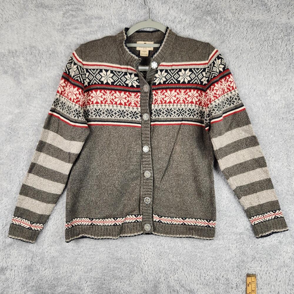 Woolrich Cardigan Sweater Womens Large Gray Fair Isle Nordic Snowflake Boho Logo